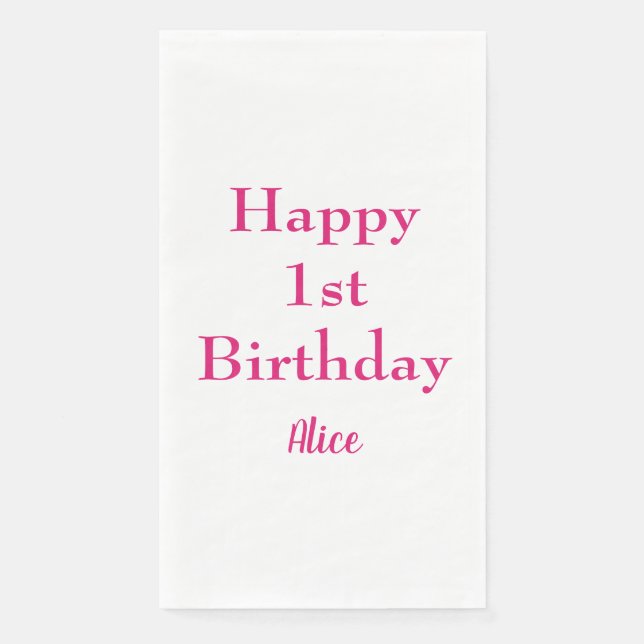 Happy 1st First Birthday Pink White Custom Name Napkin (Front)