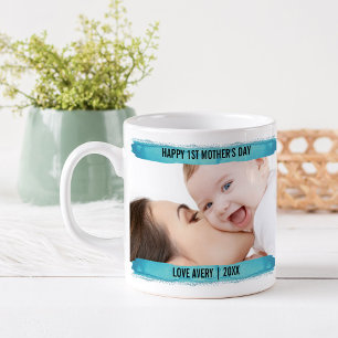 Happy 1st Mothers Day 2 Photo Aqua Brushstroke Coffee Mug