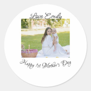 happy 1st mothers day love photo name calligraphy classic round sticker