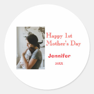 Happy 1st mothers day name photo red yellow year k classic round sticker