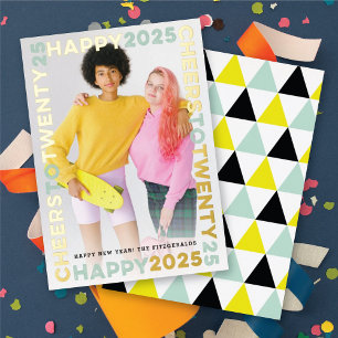 Happy 2025 Blocks Frame Typography New Year Photo Foil Holiday Card