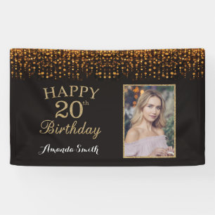 Happy 20th Birthday Banner. Gold Glitter Photo Banner