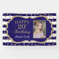 Happy 20th Birthday Banner Navy Blue Gold Glitter