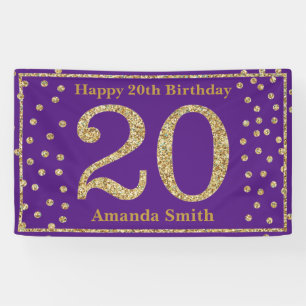Happy 20th Birthday Banner Purple and Gold Glitter