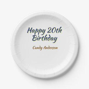 happy 20th birthday blue yellow simple minimal dat paper plate