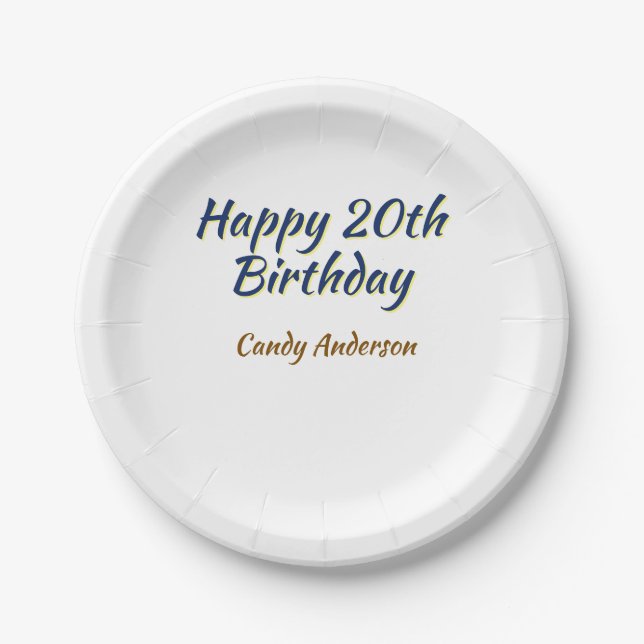 happy 20th birthday blue yellow simple minimal dat paper plate (Front)
