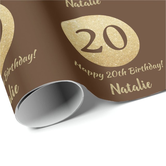 Happy 20th Birthday Brown and Gold Glitter Wrapping Paper (Roll Corner)