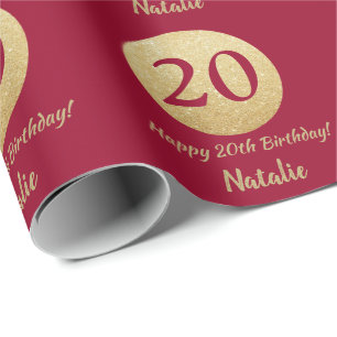Happy 20th Birthday Burgundy Red and Gold Glitter Wrapping Paper