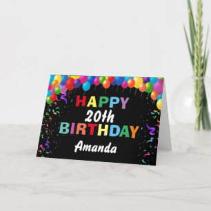 Happy 20th Birthday Colourful Balloons Black Card