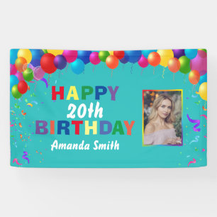 Happy 20th Birthday Colourful Balloons Teal Banner