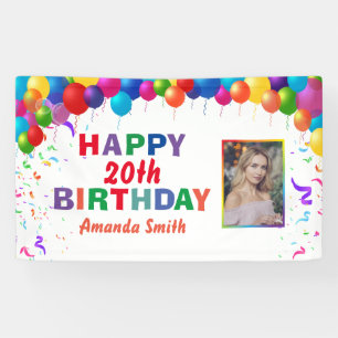 Happy 20th Birthday Colourful Balloons White Banner