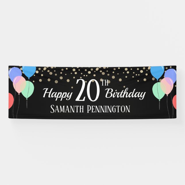 Happy 20th Birthday Confetti and Balloons Banner (Horizontal)