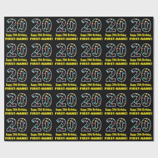 Happy 20th Birthday, Fun Colourful Stars Pattern 2 Wrapping Paper (Flat)