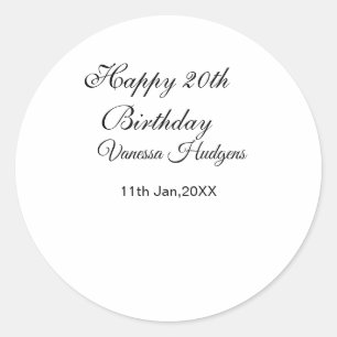 Happy 20th birthday name date simple minimal classic round sticker