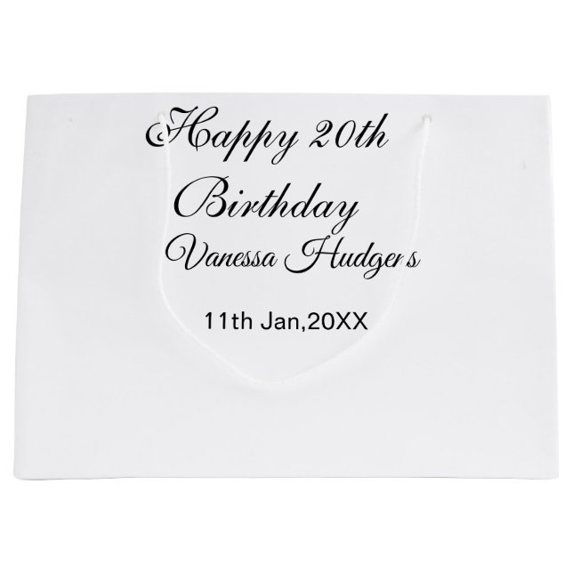 Happy 20th birthday name date simple minimal  large gift bag (Front)