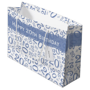 Happy 20th Birthday Number Pattern Blue and White Large Gift Bag