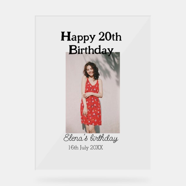 Happy 20th birthday photo modern simple minimal  acrylic sign (Front)