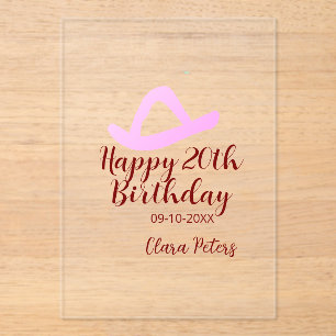 Happy 20th birthday pink cowboy girl name date sim acrylic invitations