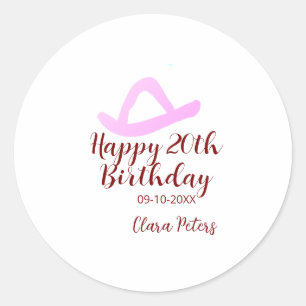 Happy 20th birthday pink cowboy girl name date sim classic round sticker