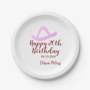 Happy 20th birthday pink cowboy girl name date sim paper plate