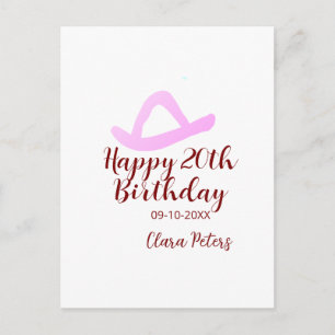 Happy 20th birthday pink cowboy girl name date sim postcard