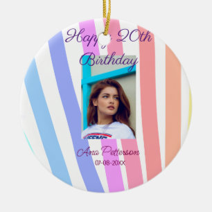 Happy 20th Birthday rainbow rustic boho lines phot Ceramic Ornament
