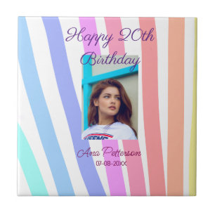 Happy 20th Birthday rainbow rustic boho lines phot Ceramic Tile