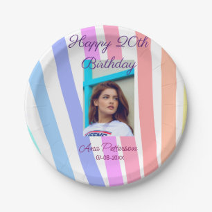 Happy 20th Birthday rainbow rustic boho lines phot Paper Plate