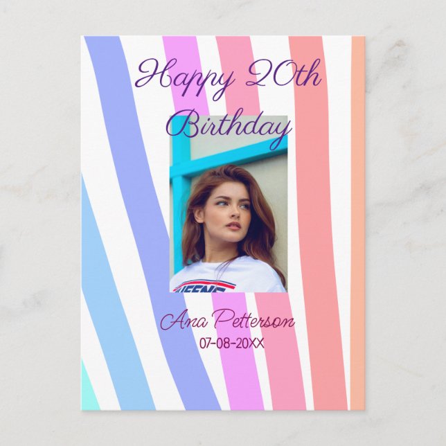 Happy 20th Birthday rainbow rustic boho lines phot Postcard (Front)