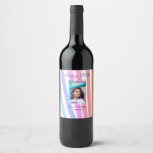 Happy 20th Birthday rainbow rustic boho lines phot Wine Label