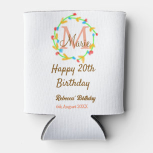 Happy 20th Birthday red add name monogram wreath Can Cooler