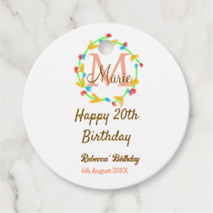 Happy 20th Birthday red add name monogram wreath Favour Tags