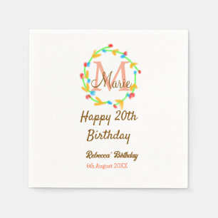 Happy 20th Birthday red add name monogram wreath Napkin