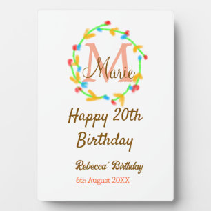 Happy 20th Birthday red add name monogram wreath Plaque