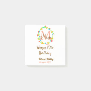 Happy 20th Birthday red add name monogram wreath Post-it Notes