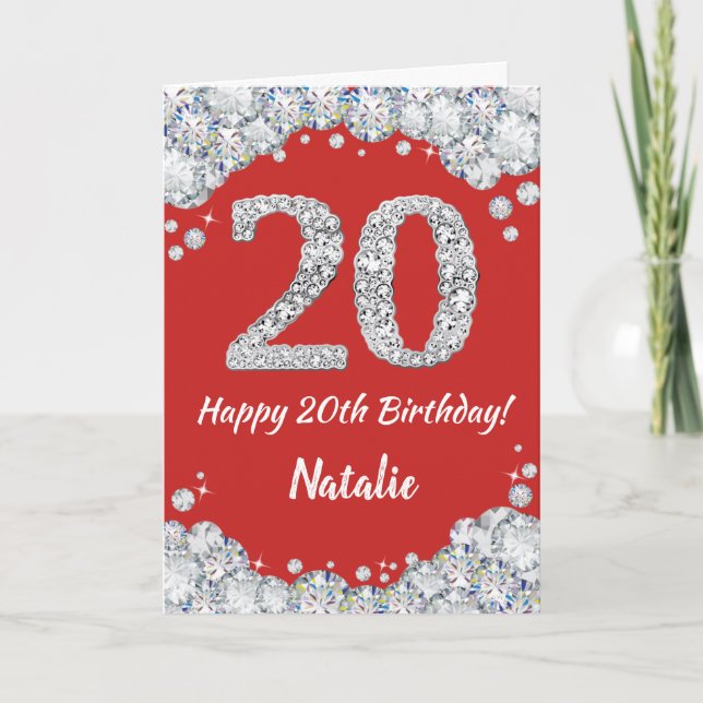 Happy 20th Birthday Red and Silver Glitter Card (Front)