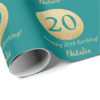 Happy 20th Birthday Teal and Gold Glitter