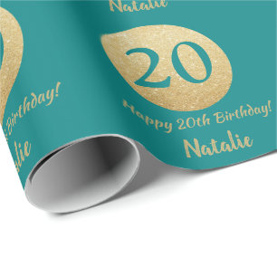 Happy 20th Birthday Teal and Gold Glitter Wrapping Paper