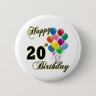 Happy 20th Birthday with Balloons 6 Cm Round Badge