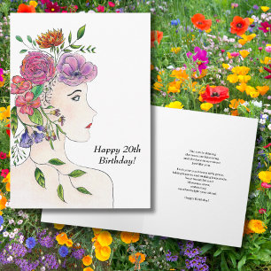 Happy 20th Birthday Woman Flowers Illustration Card