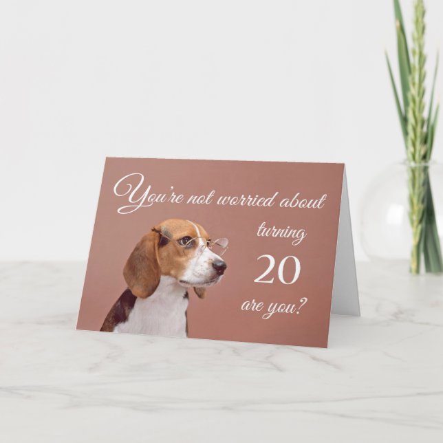 Happy 20th birthday, worried beagle card (Front)