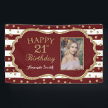 Happy 21st Birthday Banner Burgundy and Gold Photo<br><div class="desc">Happy 21st Birthday Banner for women or man. Burgundy and Gold Glitter Birthday Party Banner. Burgundy Glitter Confetti. Red and White Stripes. Printable Digital. For further customisation,  please click the "Customise it" button and use our design tool to modify this template.</div>