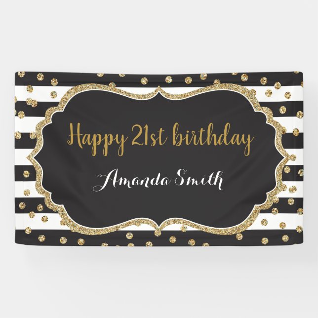 Happy 21st Birthday Banner. Gold Glitter Confetti Banner (Horizontal)