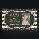 Happy 21st Birthday Banner. Gold Glitter Photo Banner<br><div class="desc">Happy 21st Birthday Banner for women or man. Black and Gold Birthday Party Banner. Gold Glitter Confetti. Black and White Stripes. Printable Digital. For further customisation,  please click the "Customise it" button and use our design tool to modify this template.</div>