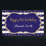 Happy 21st Birthday Banner Navy Blue Gold Glitter<br><div class="desc">Happy 21st Birthday Banner for women or man. Navy Blue and Gold Birthday Party Banner. Gold Glitter Confetti. Black and White Stripes. Printable Digital. For further customisation,  please click the "Customise it" button and use our design tool to modify this template.</div>