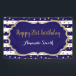 Happy 21st Birthday Banner Navy Blue Gold Glitter<br><div class="desc">Happy 21st Birthday Banner for women or man. Navy Blue and Gold Birthday Party Banner. Gold Glitter Confetti. Black and White Stripes. Printable Digital. For further customisation,  please click the "Customise it" button and use our design tool to modify this template.</div>