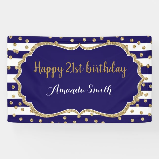 Happy 21st Birthday Banner Navy Blue Gold Glitter (Horizontal)