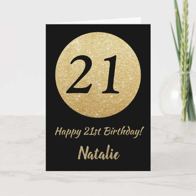 Happy 21st Birthday Black and Gold Glitter Card (Front)