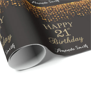 Happy 21st Birthday Black and Gold Glitter Wrapping Paper