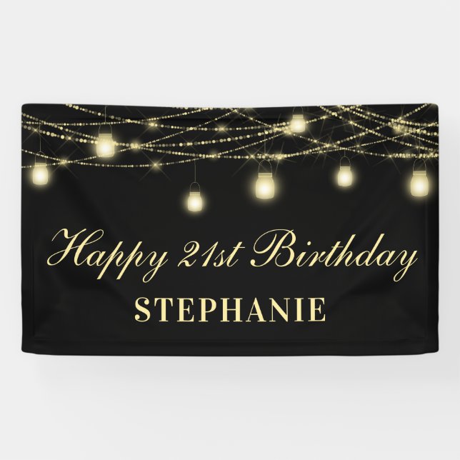 Happy 21st Birthday Black Gold Lights Mason Jars Banner (Horizontal)